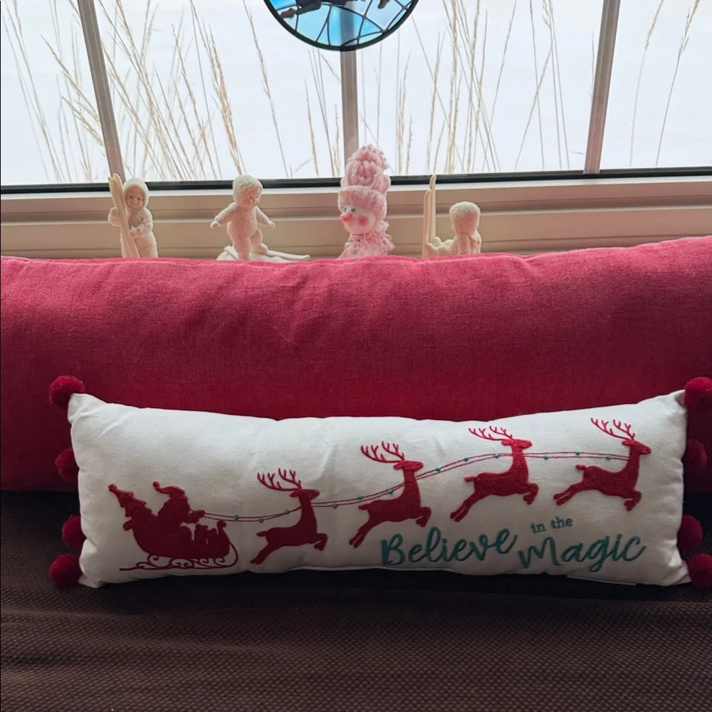 Festive Reindeer Sleigh Pillow - Red and White